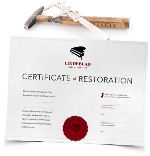 Certificate demonstrating that a piano was fully restored by Lindeblad Piano's experienced team.